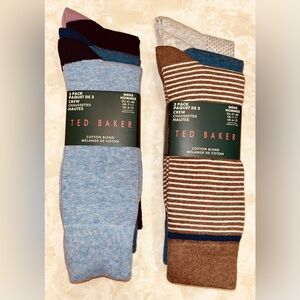 6 Pair-Ted Baker Men's Striped and Solid Socks - Brown, Blue, Black and Grey.
